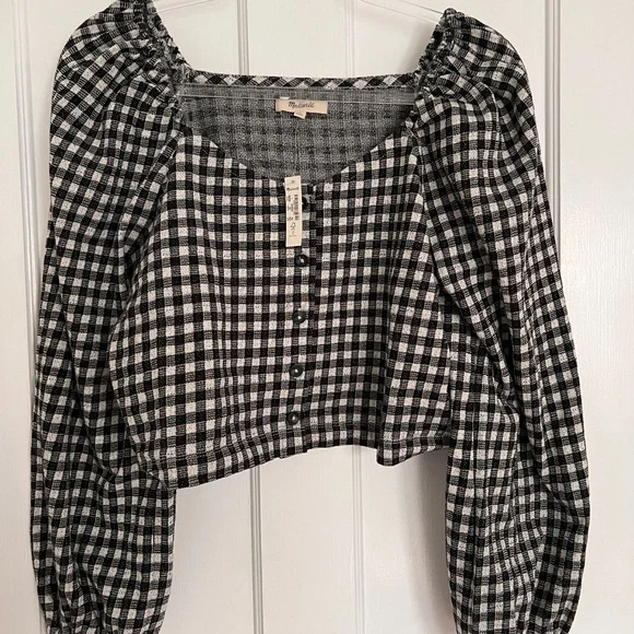 NWT Madewell Puffed-Sleeve Gingham Cropped Top - Picture 4 of 5